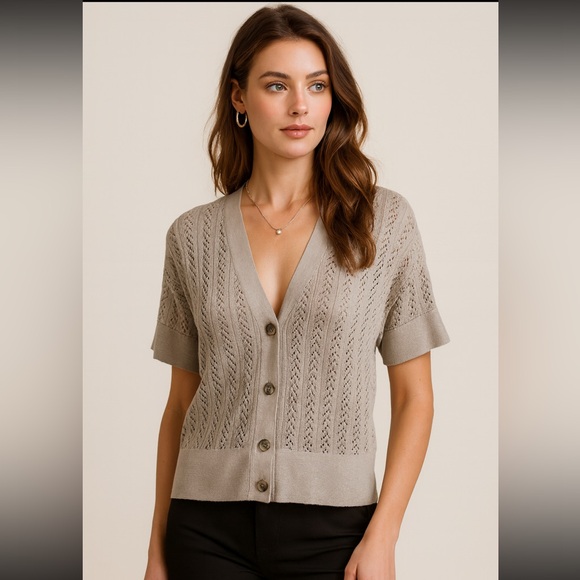 Ann Taylor LOFT Gray Open Knit Short Sleeve Pima Cotton Cardigan — Size M - Picture 1 of 9